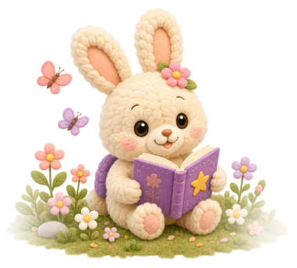 Lumi the plush bunny reading a bedtime storybook