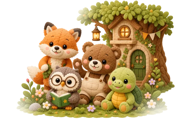 Plush woodland friends gathered around the cozy treehouse burrow (mobile)